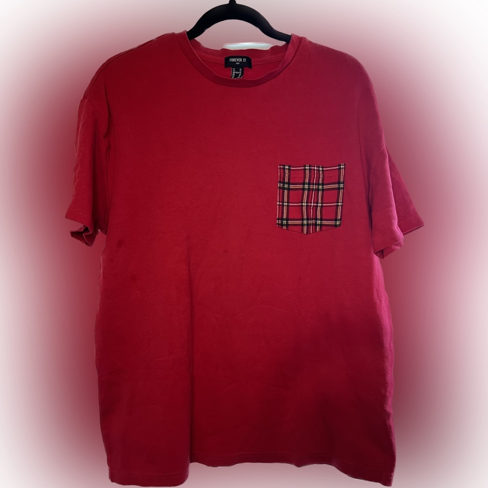 Men forever 21 red t shirt with plaid pockets